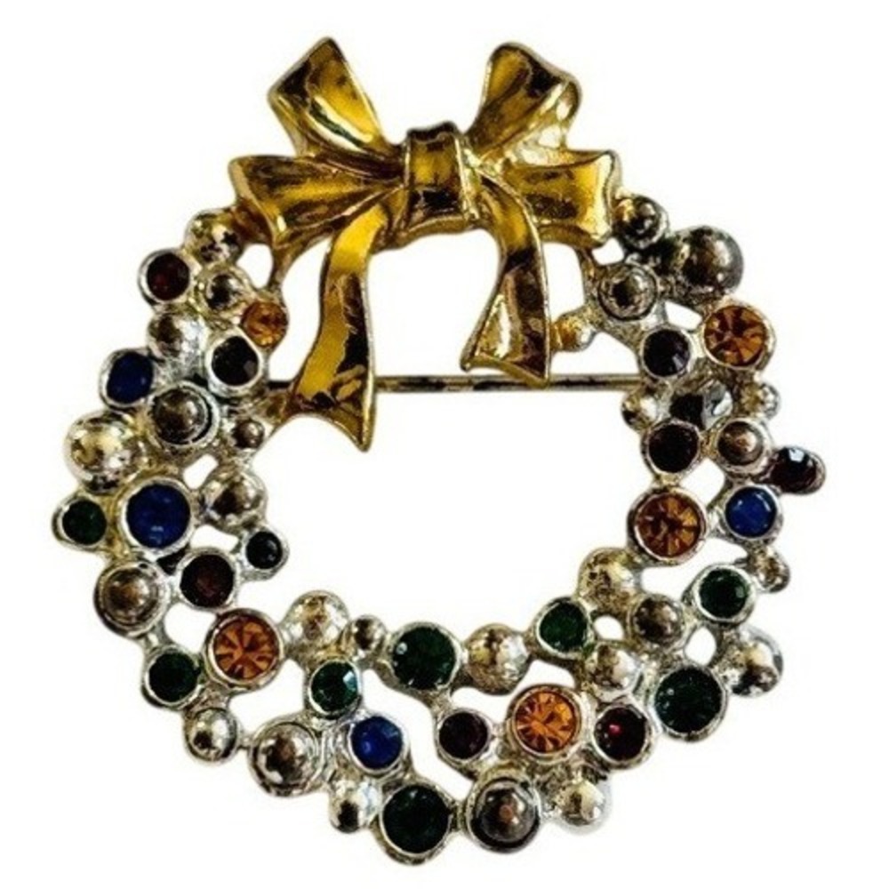 VTG Anne Klein AK Christmas Wreath Pin Brooch silver gold‎ two tone Colorful 90s